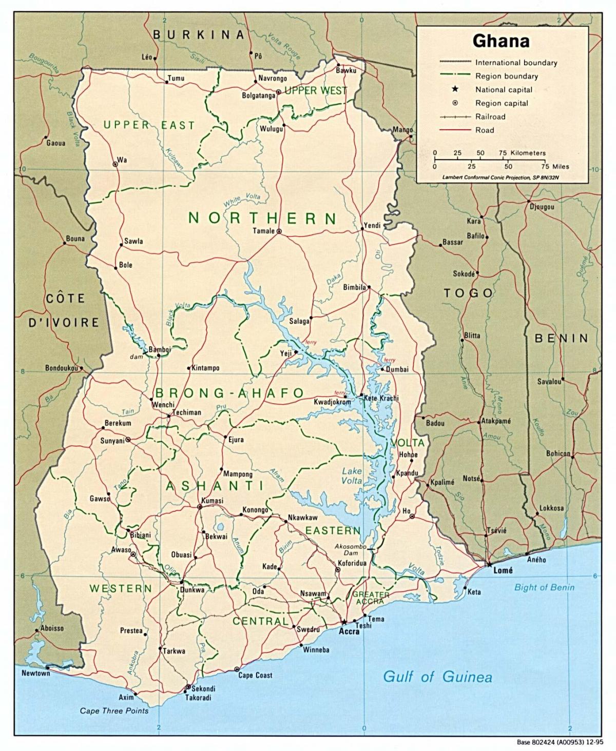 Ghana mapa z miastami i gminami
