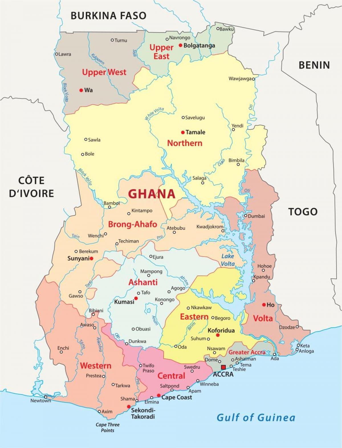 mapa Ghany pokazując powiatów