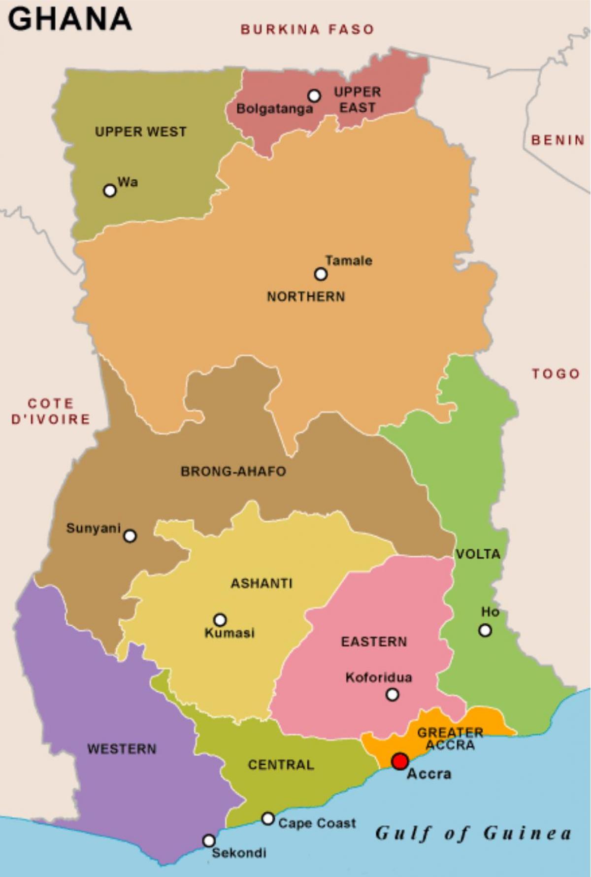 Ghana mapa i regionów