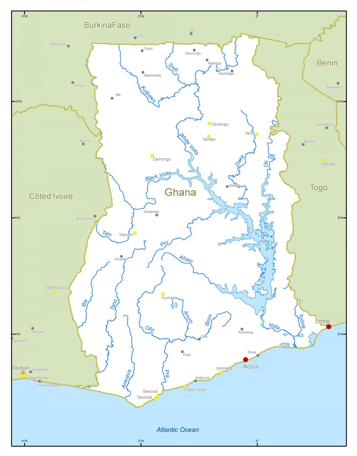 mapa Ghany pokazując rzek